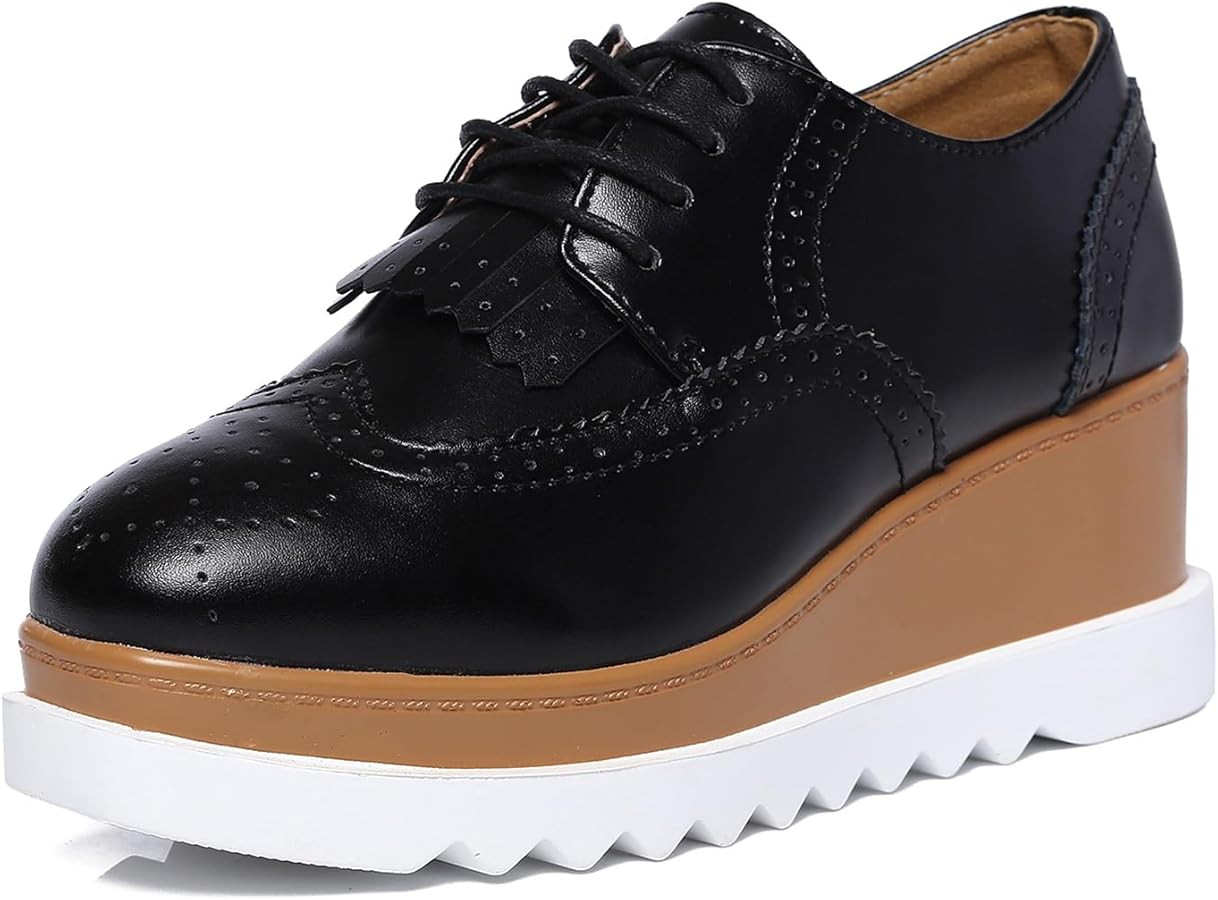 DADAWEN Women's Fashion Tassels Square-Toe Lace-Up Platform Wedge Oxford Shoes | Amazon (CA)