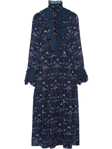 Printed plissé-trimmed georgette midi dress | NET-A-PORTER (US)