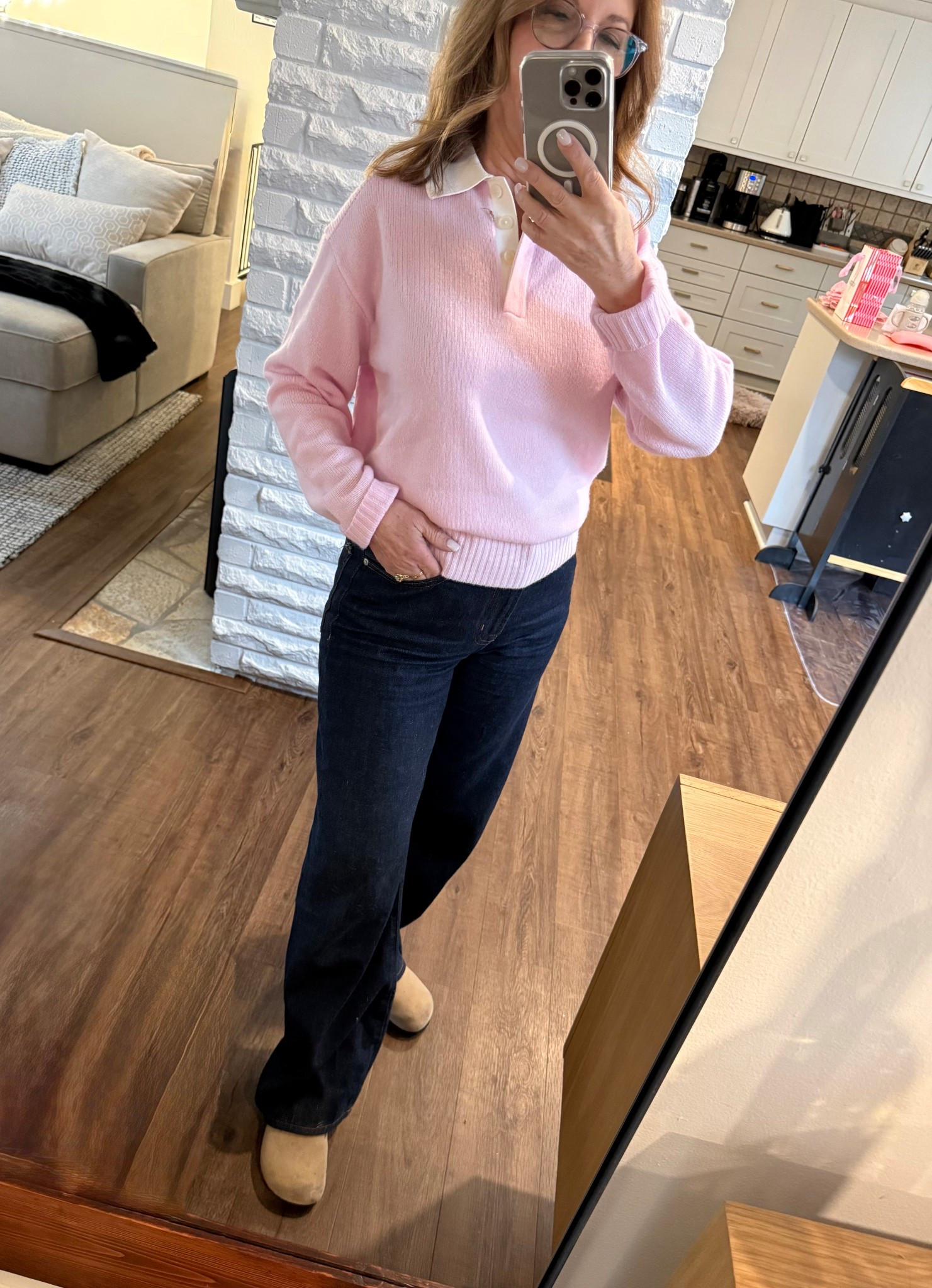 What I wore to watch my grand twin girls. 

Pink cashmere pullover  - fits big go diem 1 size 
Indigo jeans- fit tts
Sneakers 
& Quince mules run tts. . 

#LTKPetite #LTKValentine #LTKootd