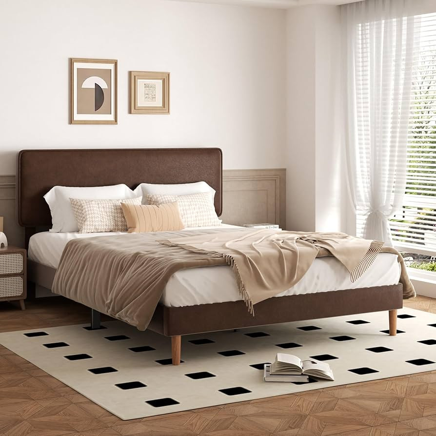 Queen Size Upholstered Bed Frame with Adjustable Headboard, Faux Leather Platform Bed with Wood S... | Amazon (US)