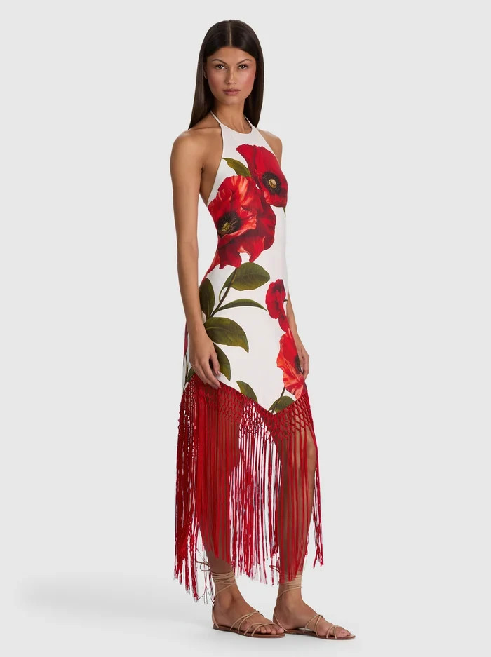 MALLORY HALTER NK FRINGE HEM MIDI DRESS | ALICE + OLIVIA | Alice + Olivia