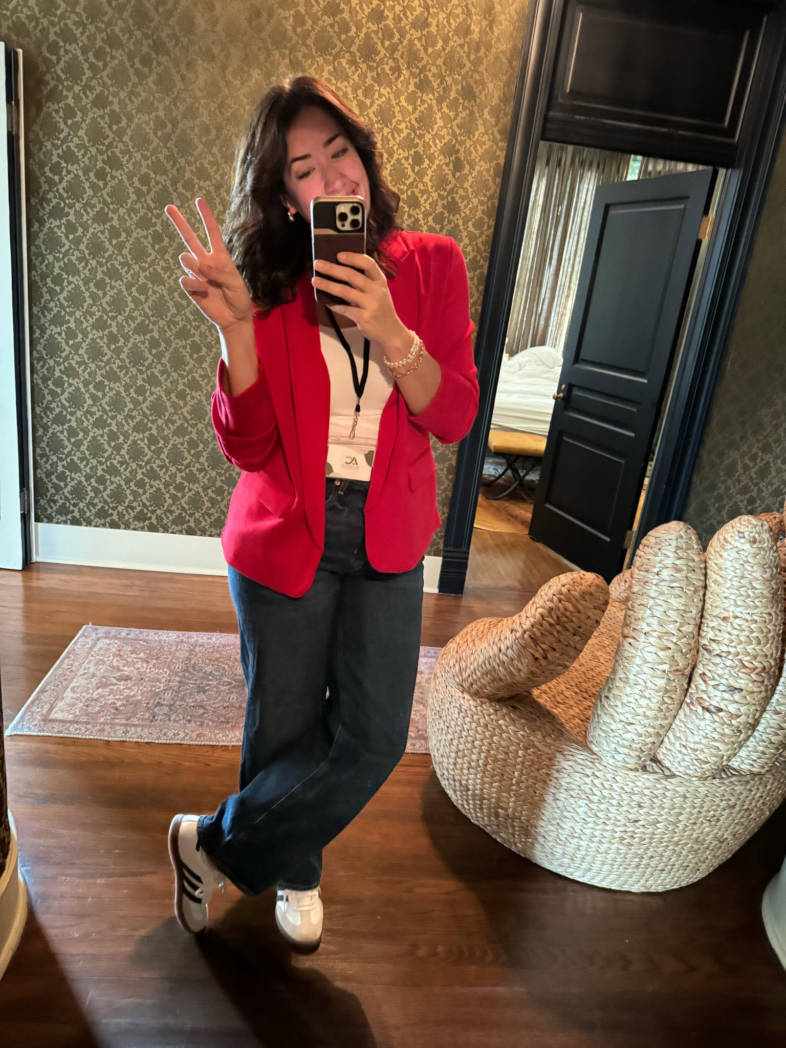 Achieve Conference Day 2 - red blazer, body suit, long blue jeans, Sambas

#LTKMidsize