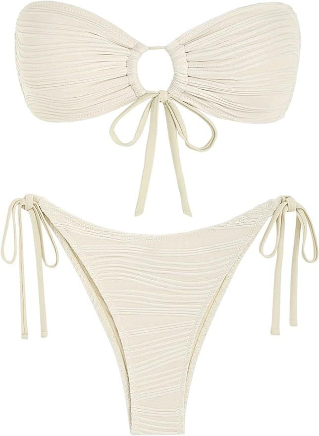 ZAFUL Women's Bandeau Bikini Set Tie Side Swimwear O Ring Cinched Strapless Swimsuit Halter Two P... | Amazon (US)