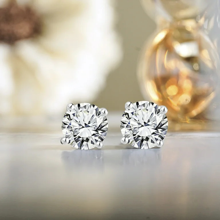 JeenMata 4 Prong 2 Carat Round Shaped Moissanite Solitaire Stud Earrings In 18K White Gold Platin... | Walmart (US)