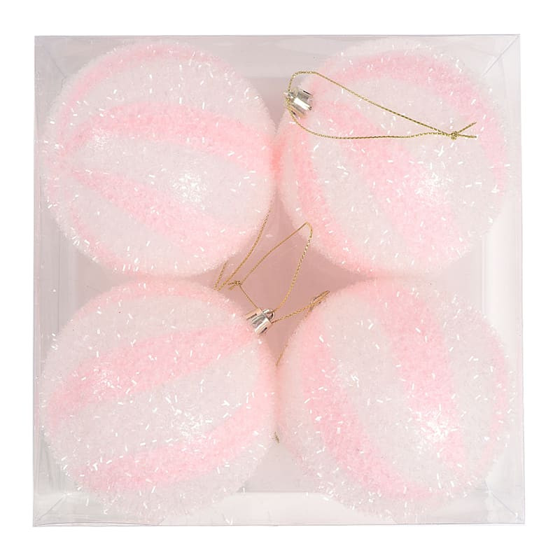 Mrs. Claus' Bakery 4-Count Pink & White Swirl Shatterproof Ball Ornaments, 3.9" | At Home