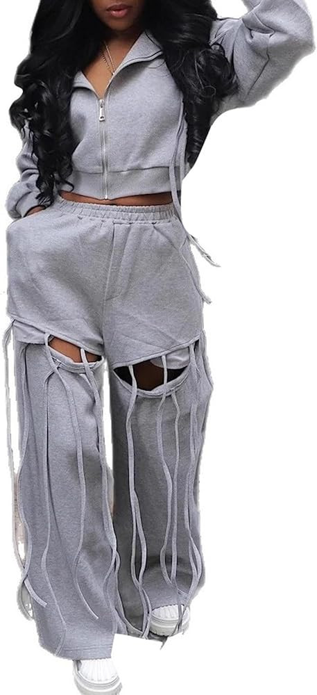 SHINFY Sweatsuits Women 2 Piece Outfit Fringe Zip Up Hoodie Cut Out Sweatpants Y2k Fall Fashion J... | Amazon (US)