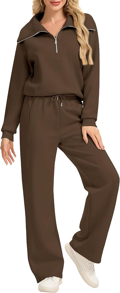 Motarto Women's 2 Pcs Outfits Sweatsuit Set Oversized Lapel Half Zip Sweatshirt Wide Leg Sweatpan... | Amazon (US)