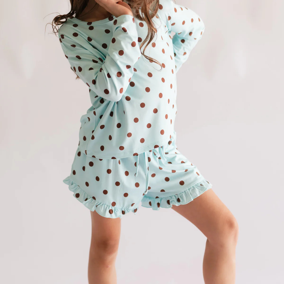 Girl's Long Sleeve and Ruffle Shorts Set in Blue & Brown Polka Dot | Silks Design