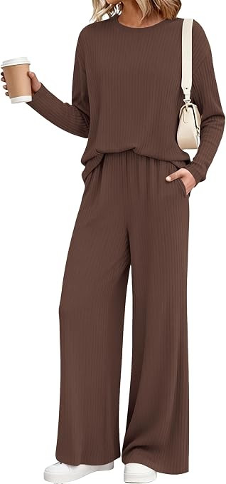 KIRUNDO Fall 2 Piece Lounge Sets for Women Long Sleeve Ribbed Knit Tops Wide Leg Pants Matching T... | Amazon (US)