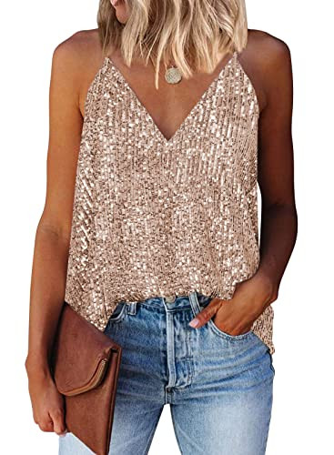 miduo Womens Tank Tops Casual Fashion V Neck Strappy Sequin Sparkle Shimmer Camisole Sleeveless T... | Amazon (US)