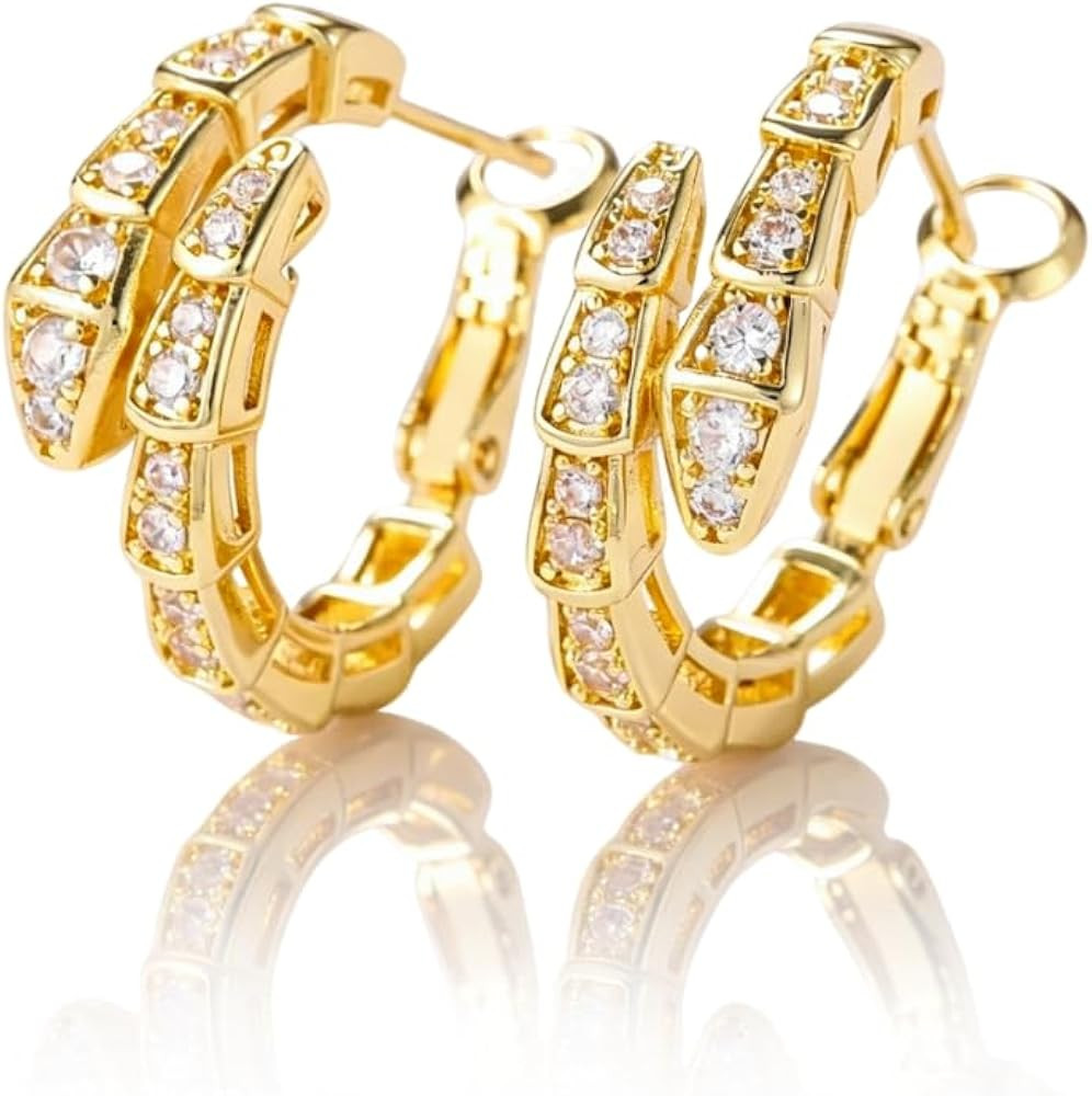 Golden Plated Snake Hoop Earrings for Women, Crystal Rhinestone Huggie Earrings, Elegant Double R... | Amazon (US)