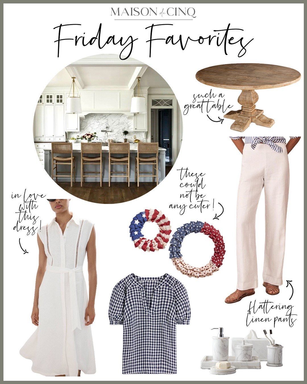 Friday Favorites this week! Gorgeous linen dresses, pants, and tops, the cutest patriotic decor, a solid wood table for a great price, perfect summer sandals, and more!

Home decor, summer decor, summer fashion, summer outfit, summer dress, linen dresses, white dress

#LTKHome #LTKSeasonal #LTKOver40