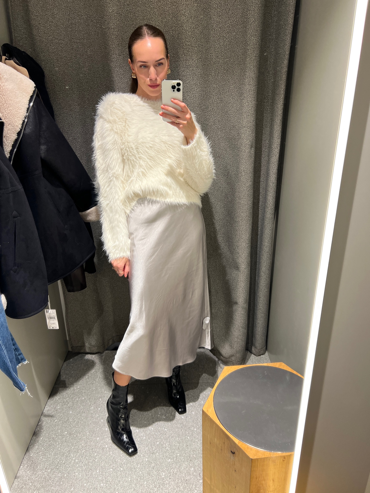 White fuzzy furry jumper ecru beige satin midi skirt winter outfit inspo mango new collection 

#LTKfindsunder100 #LTKHoliday #LTKSeasonal