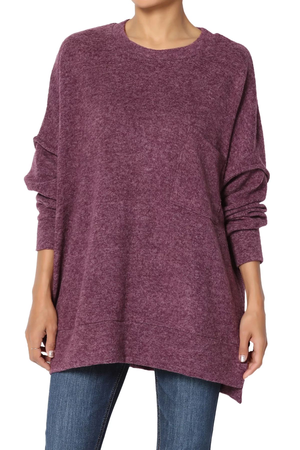 TheMogan Women's XS~3X Loose Chest Pocket Long Sleeve Blushed Knit Pullover Sweater - Walmart.com | Walmart (US)