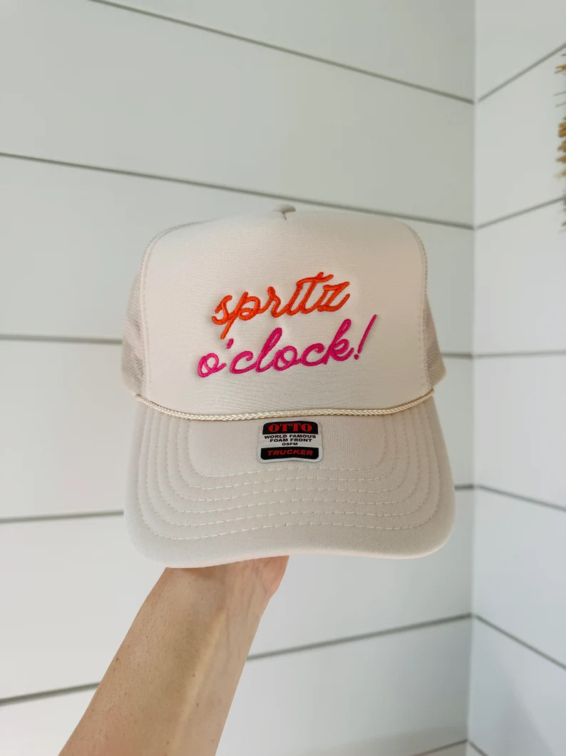 SPRITZ OCLOCK Trucker Hat Tan/pink/orange Embroidered - Etsy | Etsy (US)