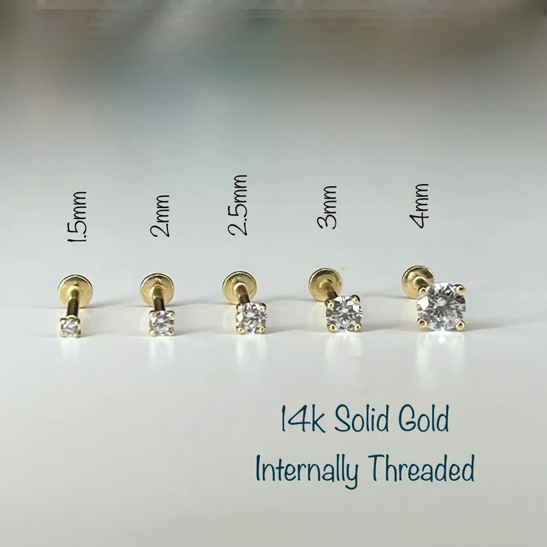 14k Solid Gold CZ Labret Piercingsingle, 1.5mm/2mm/2.5mm/3mm/4mm 14k Solid Gold Internally Thread... | Etsy (US)