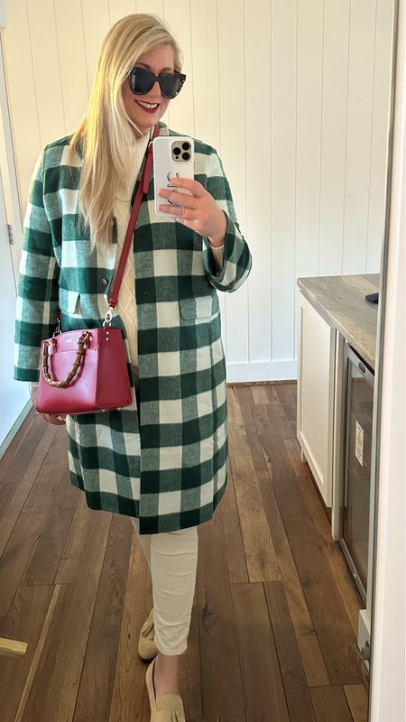 Holiday travel outfit first day here: Green and white plaid coat, cotton cable knit turtleneck, white cords, red Italian leather and bamboo crossbody bag

#LTKHoliday #LTKover40 #LTKmidsize