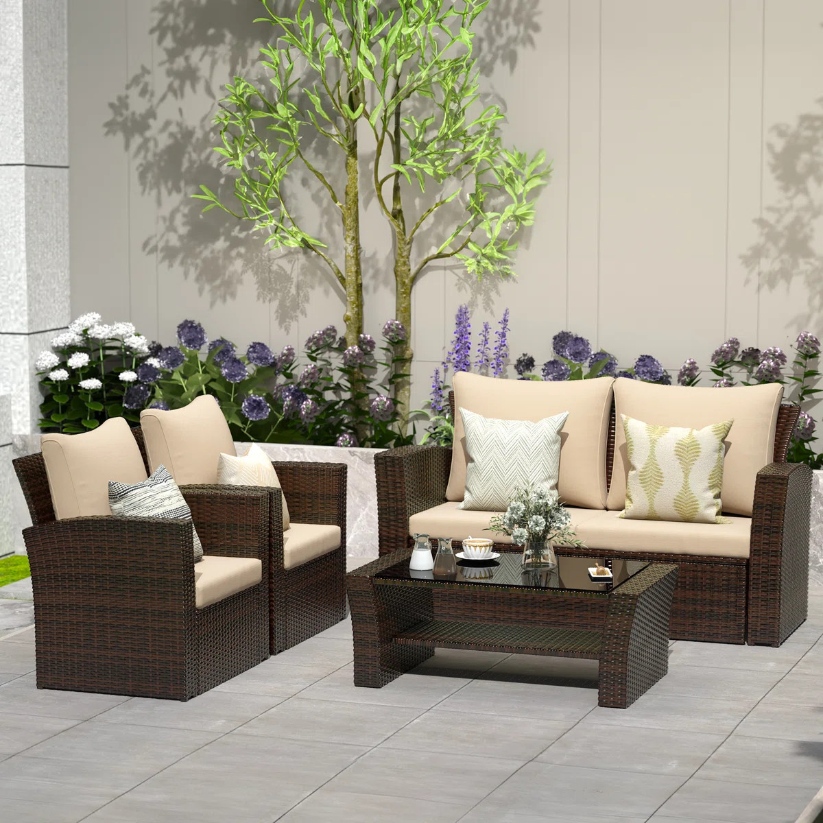 Arora 4 Piece Rattan Sofa Seating Group with Back&Seat Cushions | Wayfair North America