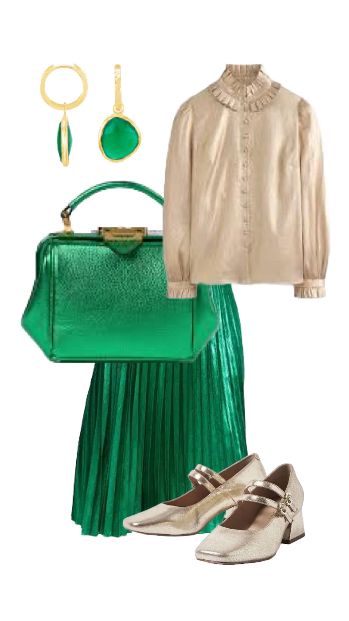 A festive party outfit inspired by, you guessed it, the new WICKED film! From the spectacular edition of the Mini Sophie handbag in Wicked Green by Cambridge Satchel Co to the Gold Flared Block Heel Mary Janes by Oliver Bonas, Green Metallic Pleated Skirt and Gold Ruffle Collar Blouse from Boden Clothing and Green Onyx and Gold Vemeil Pebble Drop Earrings by Dower and Hall, this 💯 all British brand outfit will hopefully offer gift and outfit ideas and is sure to spark a conversation at any Christmas party! 🧙‍♀️ 💚 🪄

#WICKED #partyoutfit #Christmasoutfit 

#LTKuk #LTKwinter #LTKeurope