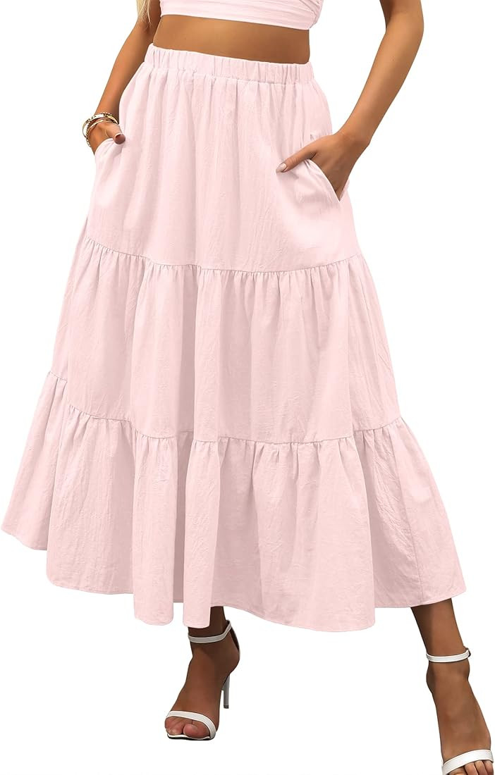 ANRABESS Women’s Summer Boho Flowy Swing Tiered A-Line Midi Skirt 2025 Fashion Trendy Elastic W... | Amazon (US)