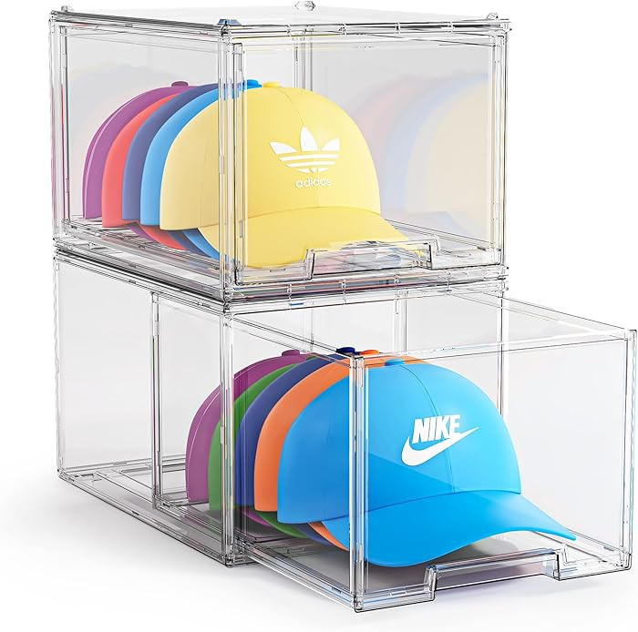 2 Pack Hat Organizer Box for Baseball Caps Organizer, Hat Organizer Box with Sliding Drawer, Hat ... | Amazon (US)