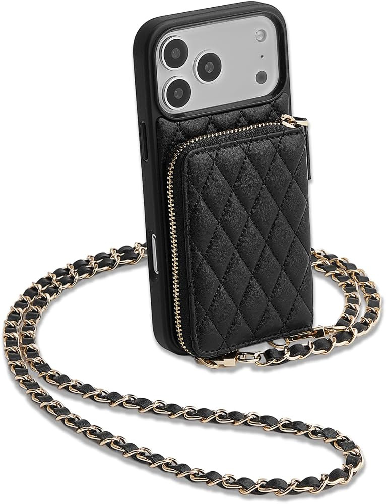 LAMEEKU for iPhone 17 Pro Max Wallet Case with Card Holder, Quilted Leather Crossbody Zipper Purs... | Amazon (US)