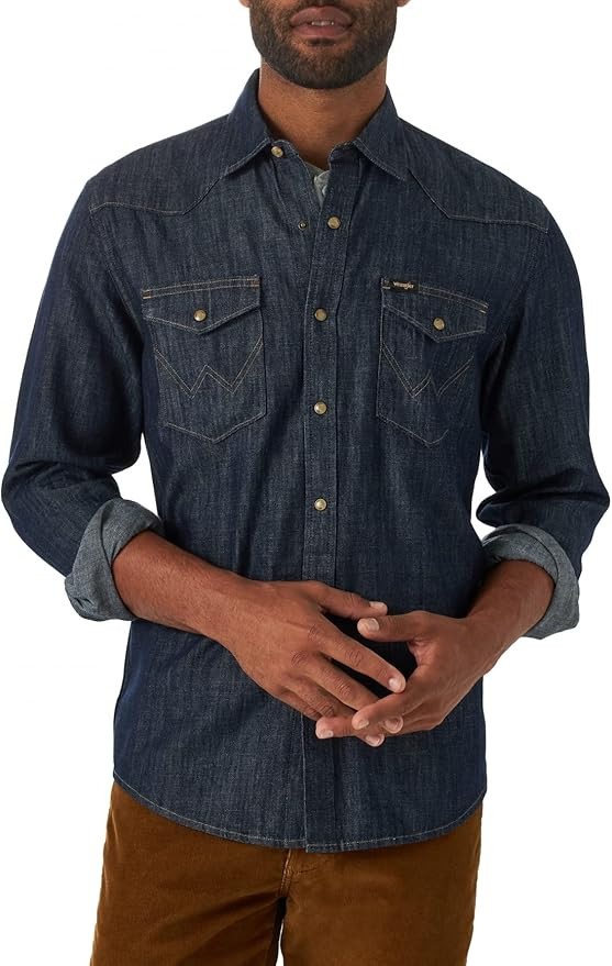 Wrangler Men's Iconic Denim Regular Fit Snap Shirt | Amazon (US)