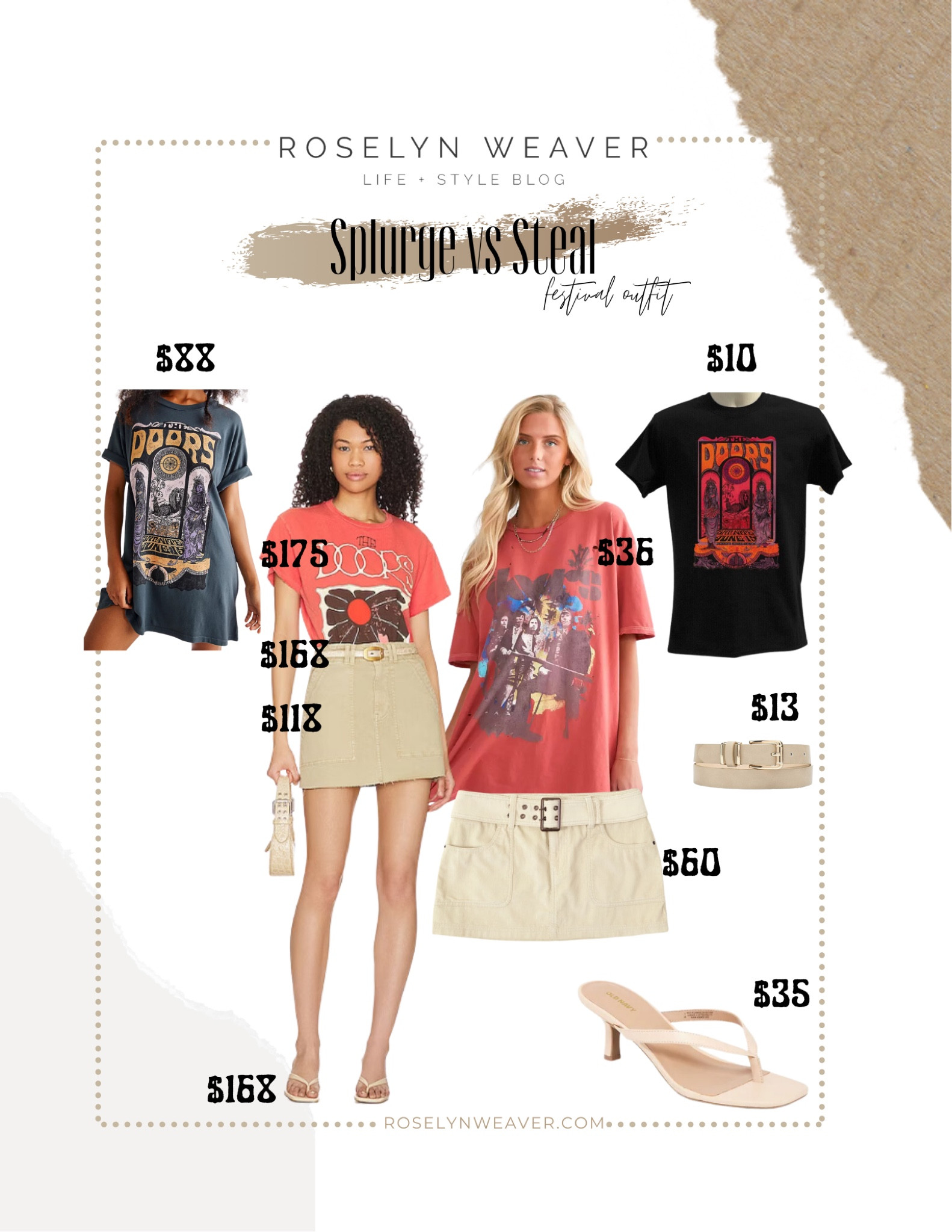 Splurge vs save - festival outfit 

The Doors  tee, graphic tee, tee dress, tan mini skirt, khaki skirt

#LTKsalealert #LTKunder50 #LTKstyletip