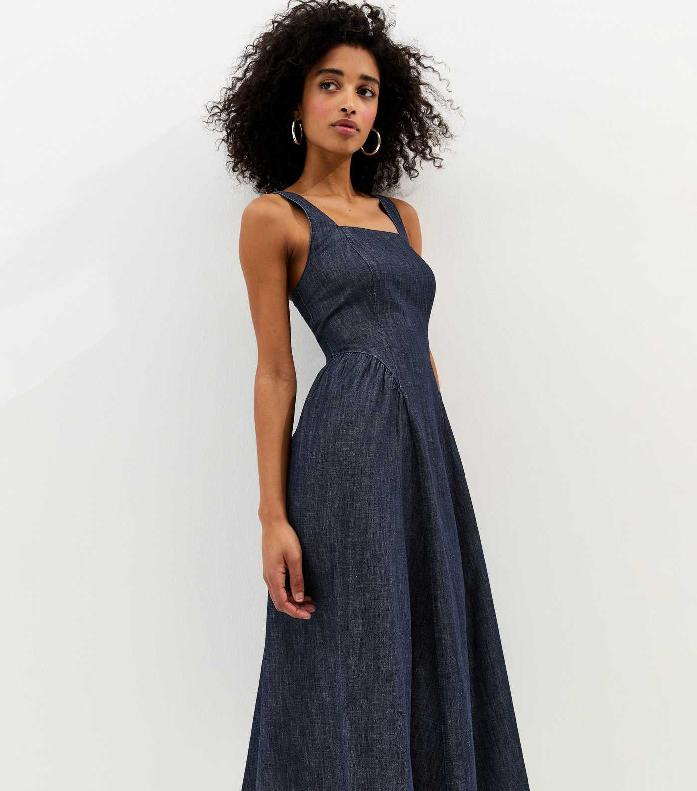 Navy Denim Square Neck Midi Dress | New Look | New Look (UK)