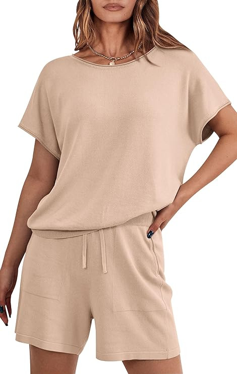 PRETTYGARDEN Two Piece Set 2024 Summer Lounge Tracksuit Outfits Shorts And Short Sleeve Tops Knit... | Amazon (US)