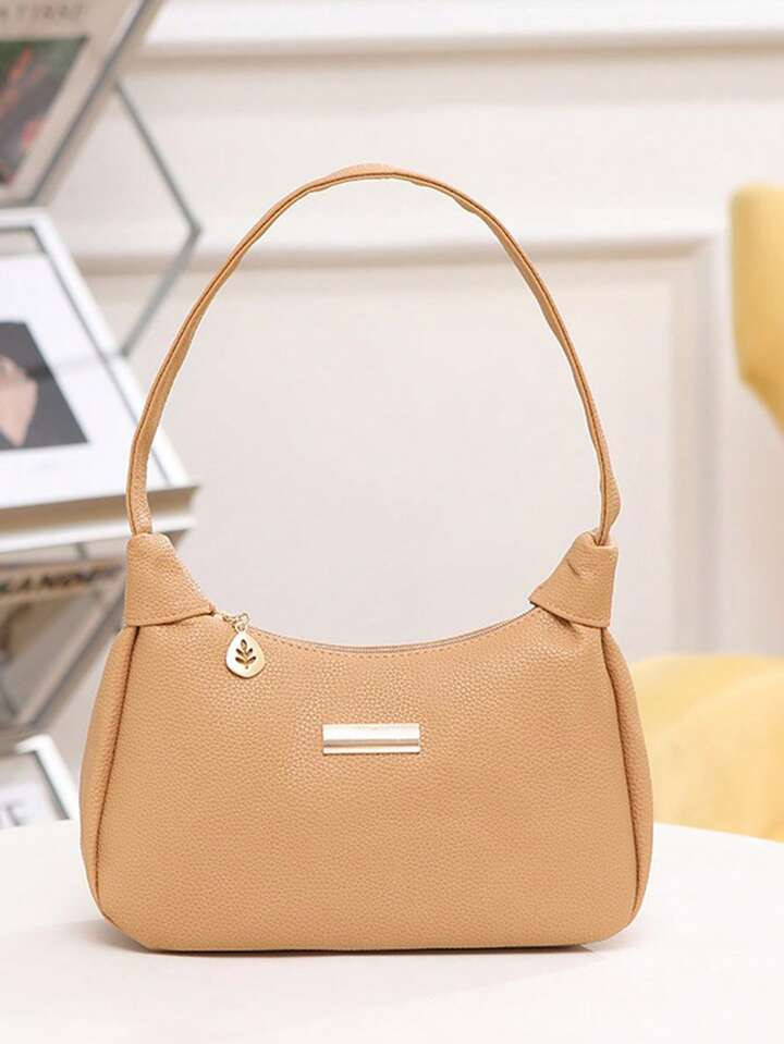 Lychee Grain PU Women's Bag, Fashion Shoulder Bag For Women, Solid Color Synthetic Leather Handbag With Zipper Closure And Wristlet, Polyester Lined, Versatile Underarm Dumpling Purse - Available In White, Black, Pink,Khaki,Brown | SHEIN