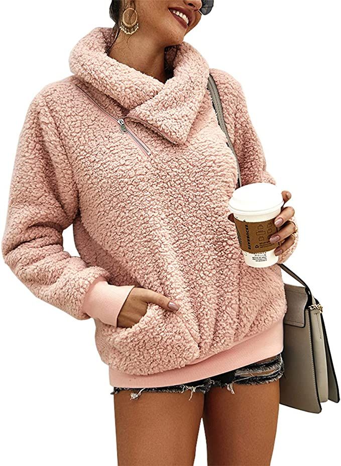 KIRUNDO 2021 Women’s Winter Lapel Fuzzy Fleece Sweatshirt Faux Shearling Sherpa Pullover Zipper... | Amazon (US)