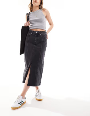 Tommy Jeans claire denim midi skirt in black | ASOS (Global)