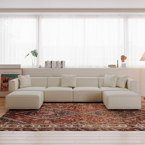 Acanva Luxury Modular Sectional Couch with Moveable Ottoman and Chaise, Modern Minimalist Style Sofa for Living Room, Apartments, U-Shape, Vegan Leather Cream | Amazon (US)