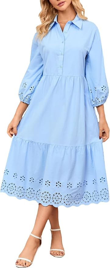 Ladyful Embroidered Eyelet Cotton Dress for Women Maxi 3/4 Sleeve Button Down Hollowed Out Flowy ... | Amazon (US)