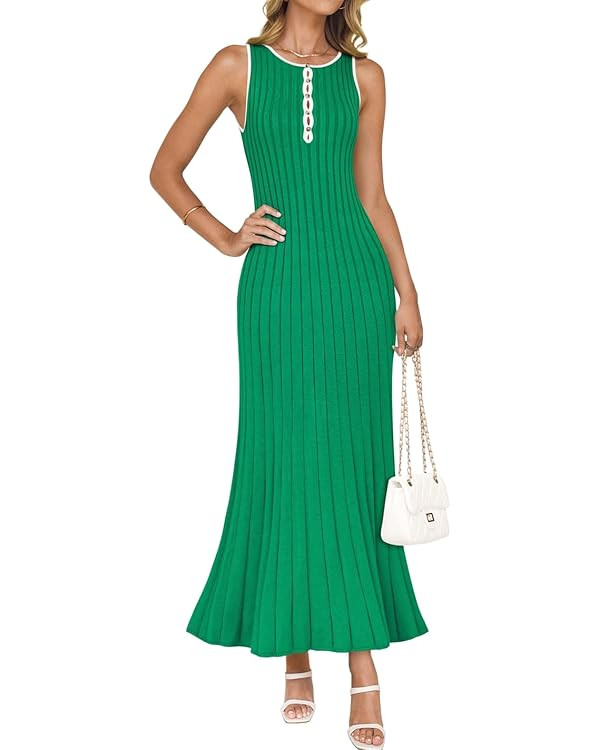 ZESICA Womens 2025 Summer Long Maxi Dress Sleeveless Crew Neck Hollow Out Pleated Ribbed Knit Swi... | Amazon (US)