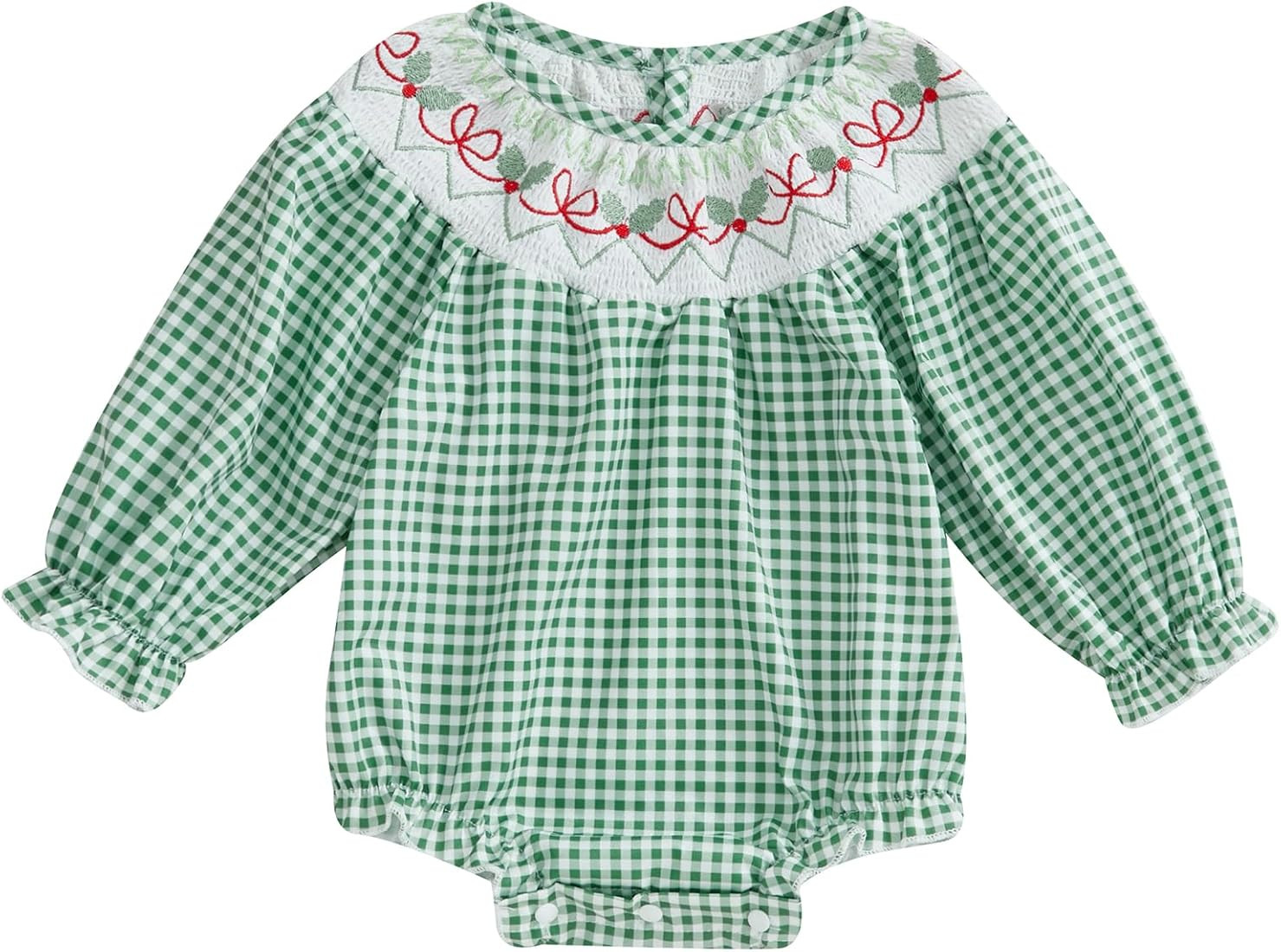 BULINGNA Infant Baby Girl Christmas Romper Long Sleeve Plaid Smocked Onesie Bow Embroidery Fall W... | Amazon (US)