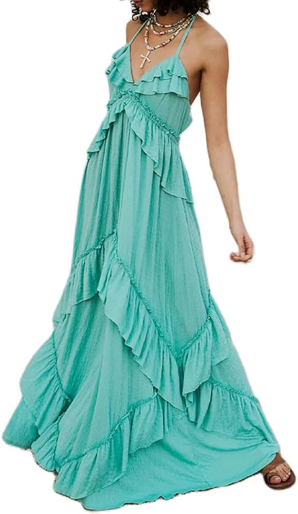 NUFIWI Sexy V Neck Backless Asymmetrical Ruffle Maxi Dress Halter Neck Sleeveless Long Dress Cuto... | Amazon (US)