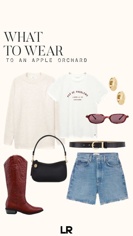 These are inspo photos. Use what you have that’s similar, or here are some options  
I love the pop of red for fall & the orchard. 
I’m linking the cutest cashmere sweater that would be a good option, too. 
This graphic tee can easily be swapped out for a plain white shirt. 

#LTKSeasonal #LTKfindsunder100