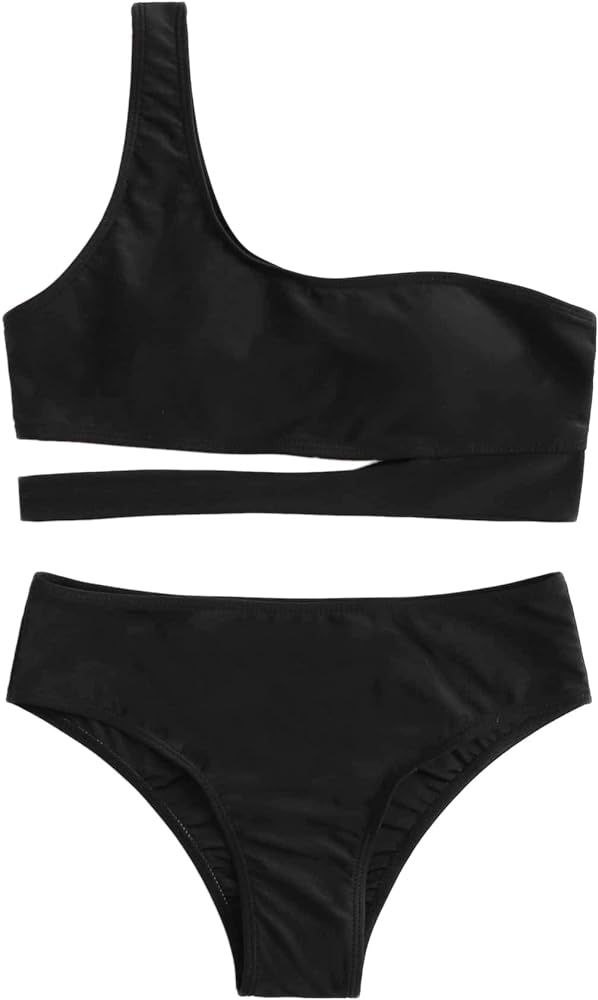 SweatyRocks Women's Two Piece Swimsuit High Waisted One Shoulder Bikini Set Swimwear | Amazon (US)