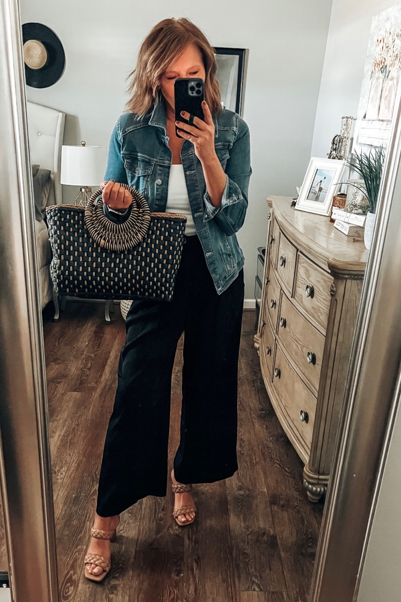 Wide leg pants from Amazon are AAMMAZZING!! Bodysuit, denim jacket, braided heels 

Amazon Fashion, amazon finds, spring outfit, pants, work pants, heels, sandals, straw bag, fashion over 40

#LTKstyletip #LTKunder50 #LTKsalealert