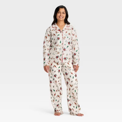 Women's The Grinch Print Long Sleeve Shirt and Pants Holiday Matching Family Pajama Set - Cream | Target