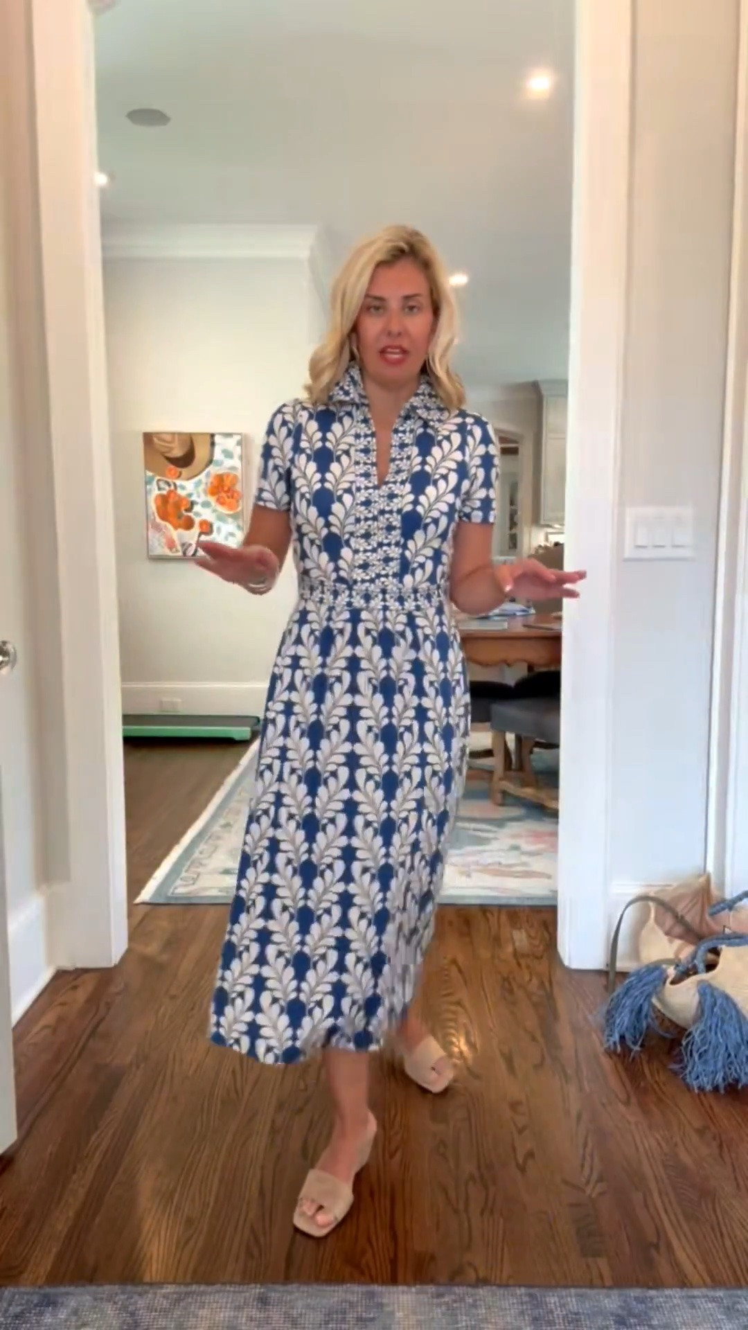 Such a great dress…it’s a jersey knit material, has pockets and the print is fabulous. I’m in a size 2 and 8 wedge tts. 

Codes: 
Boden - WNXW
Allie + Bess - Catherine20