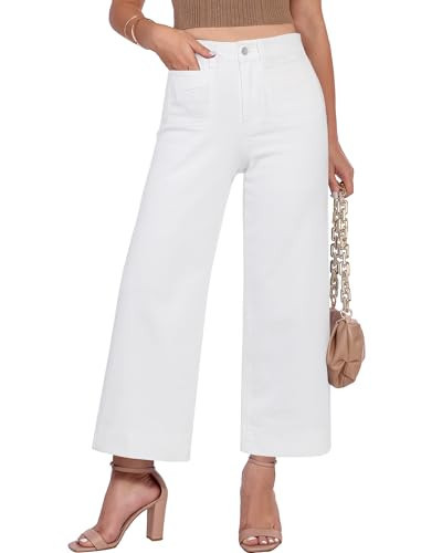GRAPENT High Waist Jeans for Women Womens Stretchy Trendy Cropped Wide Leg Cream White Distressed Wide Leg Cropped Jeans, Cream White, S, US Size 4 to 6 | Amazon (US)