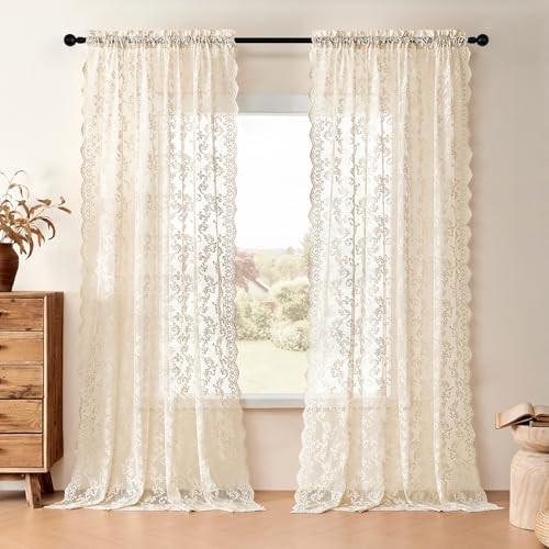 Beige Lace Curtains 96 Inches Long 2 Panels Paisley Floral Sheer Curtains for Living Room Girls Bedroom Rod Pocket Light Filtering Shabby Chic Curtains Large Window Decor Vintage Drapes, 52x96 | Amazon (US)