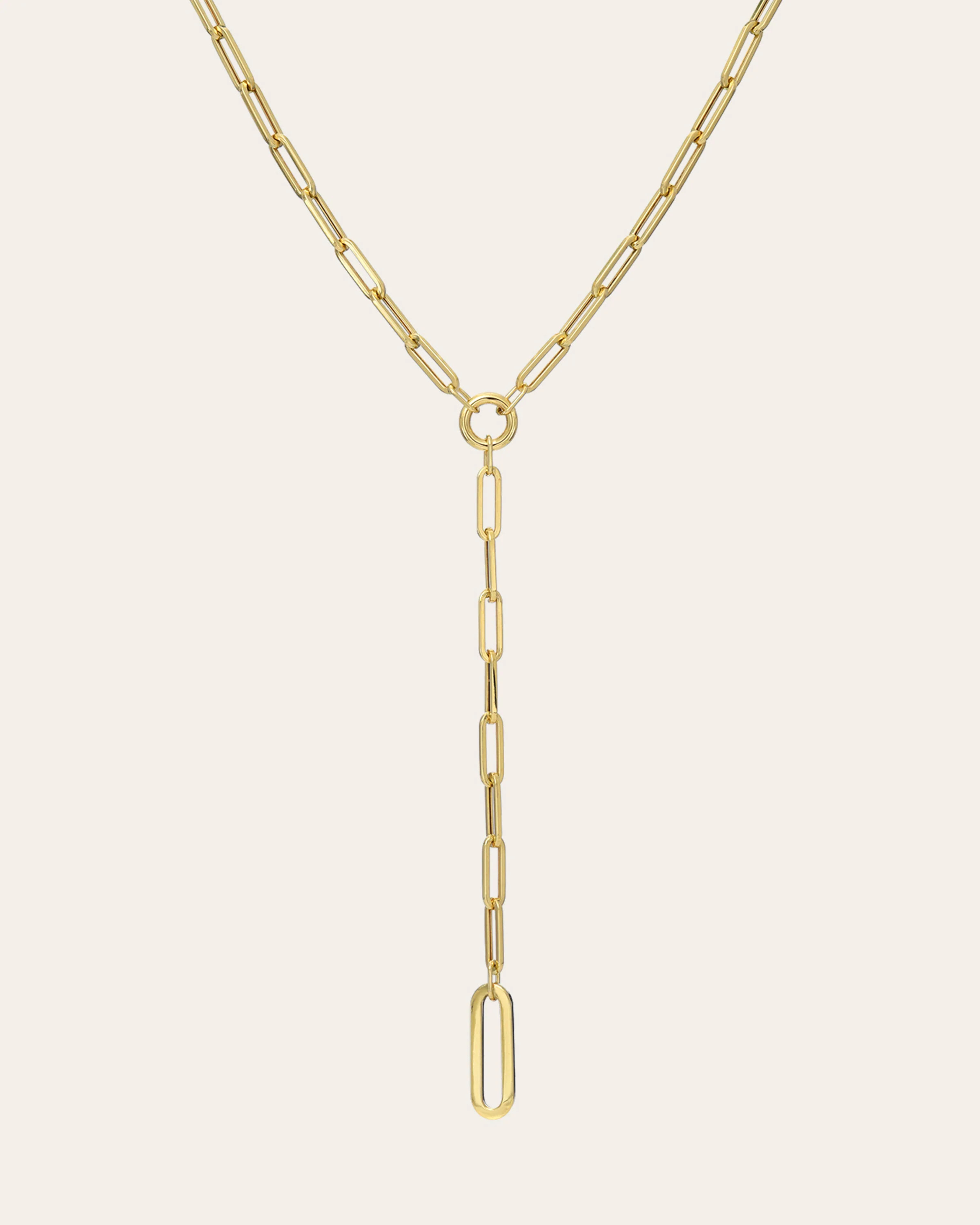 14k Gold Large Paper Clip Lariat Necklace | Zoe Lev Jewelry