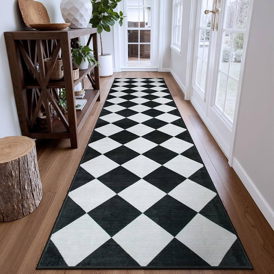 Beeiva Checkered Print Washable Rug Runners for Hallways Non Slip 2.5x10, Ultra Thin Black Kitche... | Amazon (US)