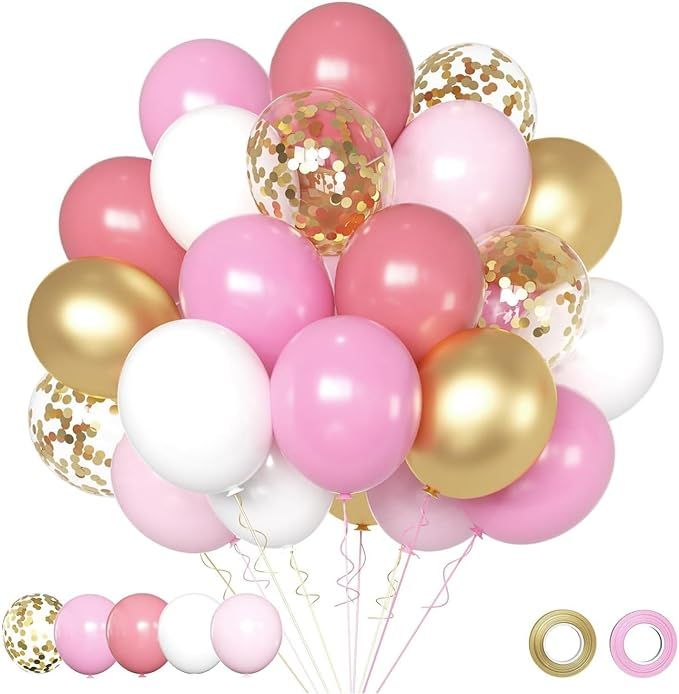 Pink and Gold Confetti Balloons Set, 50pcs 12 inch Light Pink Baby Pink White Gold Party Balloons... | Amazon (US)