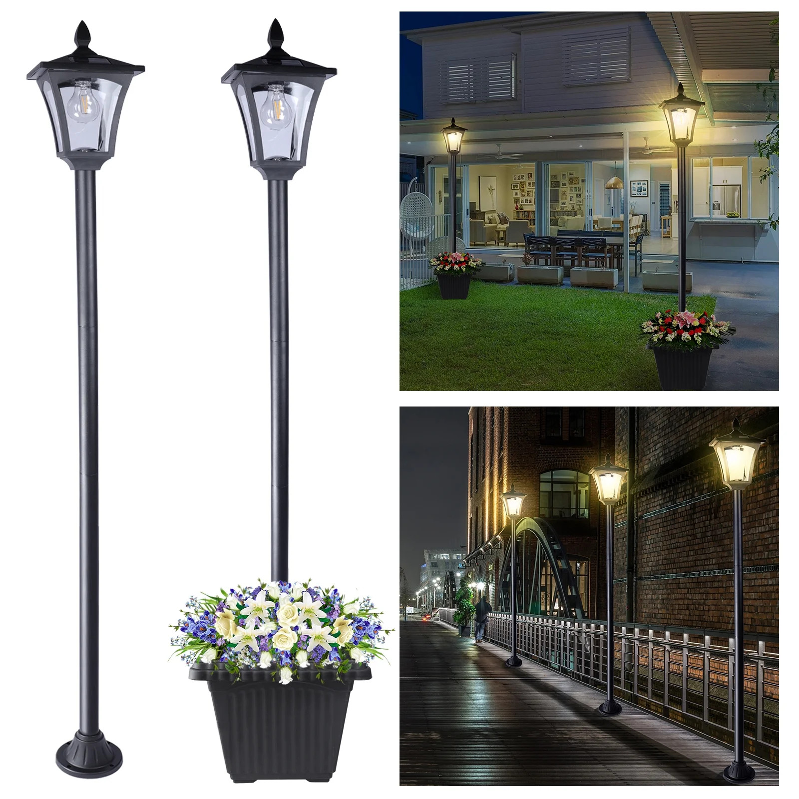 63" Vintage Solar Lamp Post Light, Light Outdoor Waterproof with Planter Adjustable Height for Po... | Walmart (US)