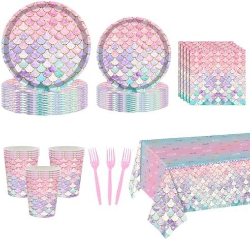 121 Pcs Mermaid Plates and Napkins Birthday Party Decorations Set for 24 | Little Mermaid Party S... | Amazon (US)